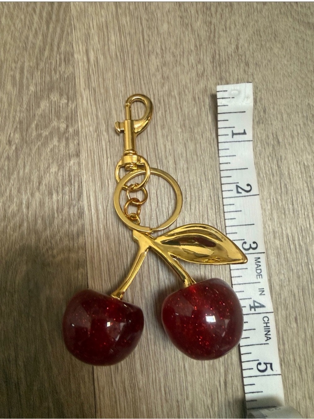 Gold Cherry Keychain Bag Charm - Red Glitter Cherries - Picture 2 of 2